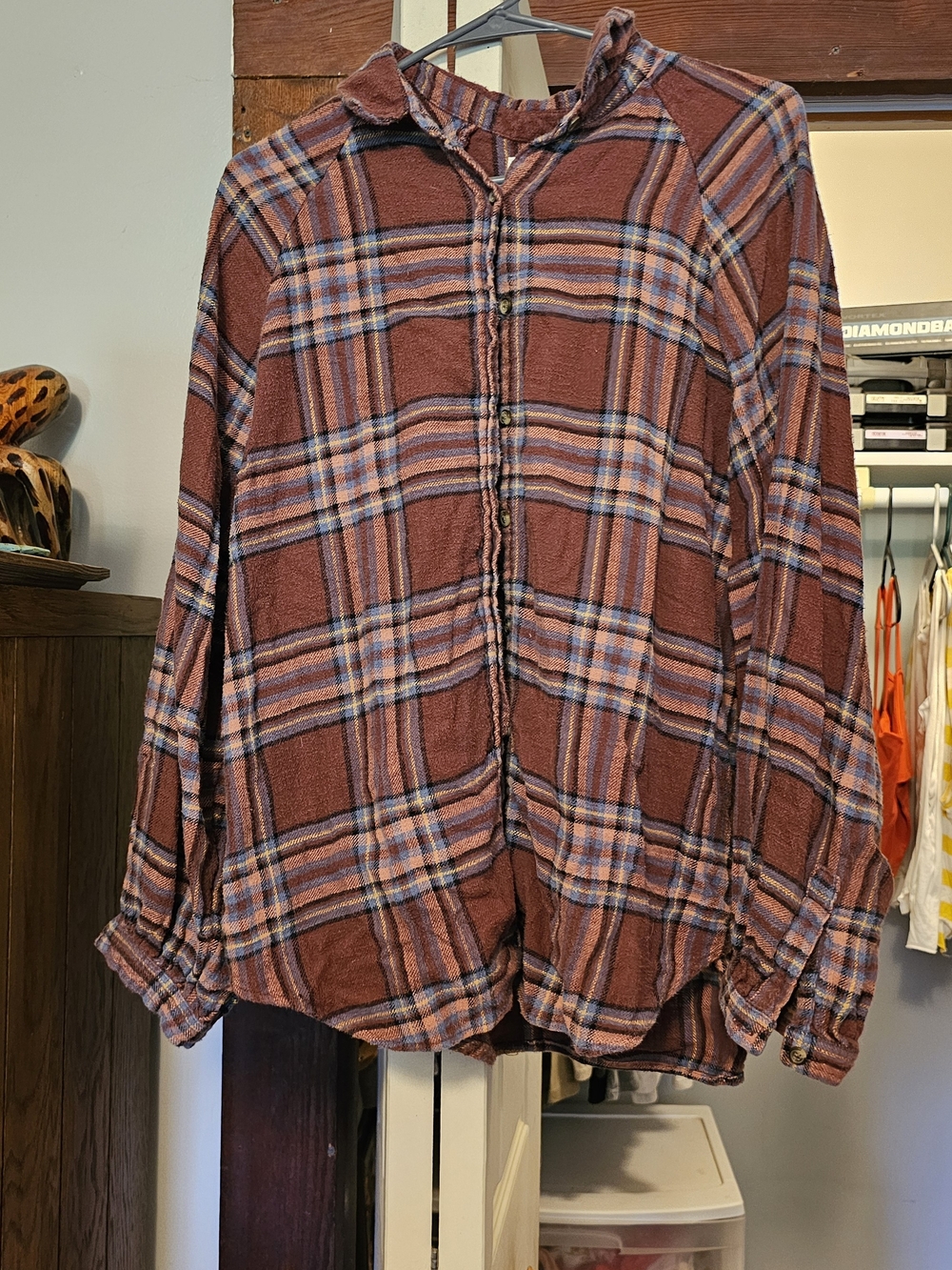 American Eagle Outfitters Rust and Blue Plaid Button-Down Shirt
